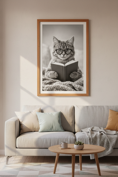 Reading Cat Wall Art Print | Black &amp; White Library Decor | Academic Poster