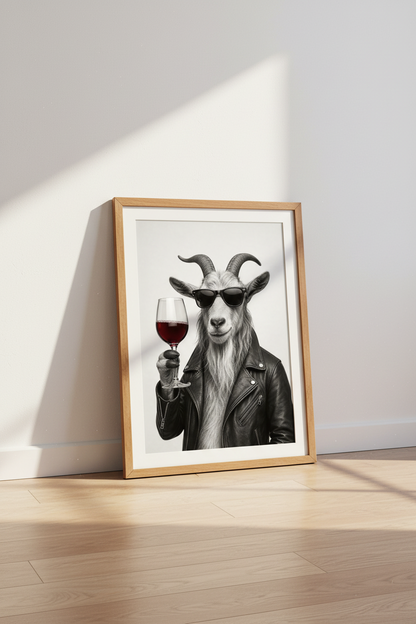 Cool Goat Drinking Wine Wall Art | Framed Animal Poster | Eclectic Bar Decor