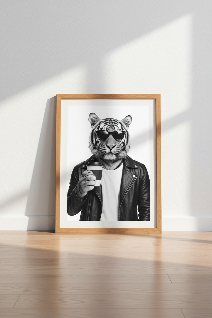 Cool Tiger in Leather Jacket Wall Art | Black and White Poster | Modern Office Decor