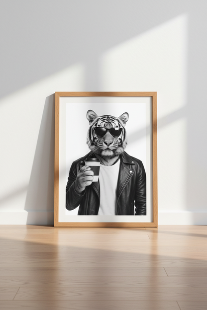Cool Tiger in Leather Jacket Wall Art | Black and White Poster | Modern Office Decor