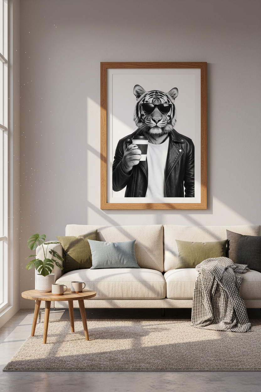 Cool Tiger in Leather Jacket Wall Art | Black and White Poster | Modern Office Decor