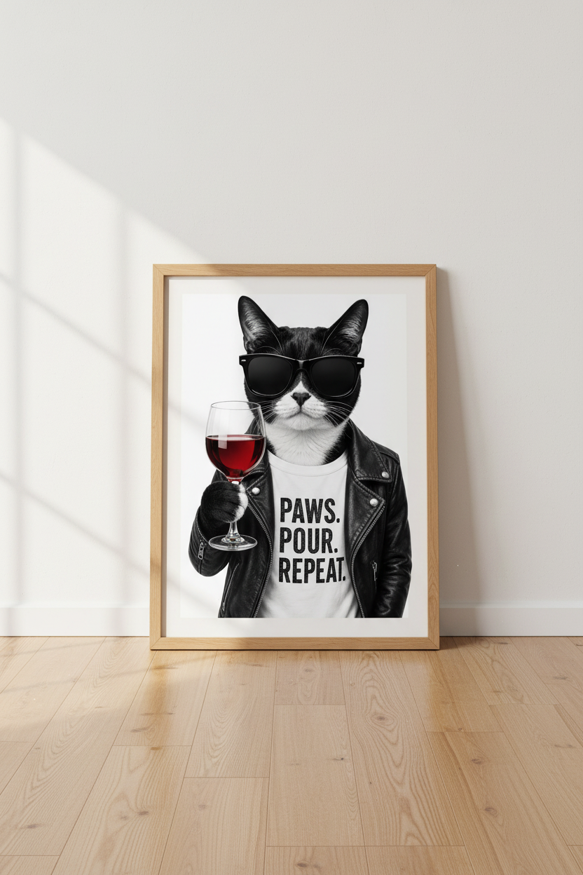 Cool Tuxedo Cat Wine Wall Art | Funny Bar Decor | Black and White Poster