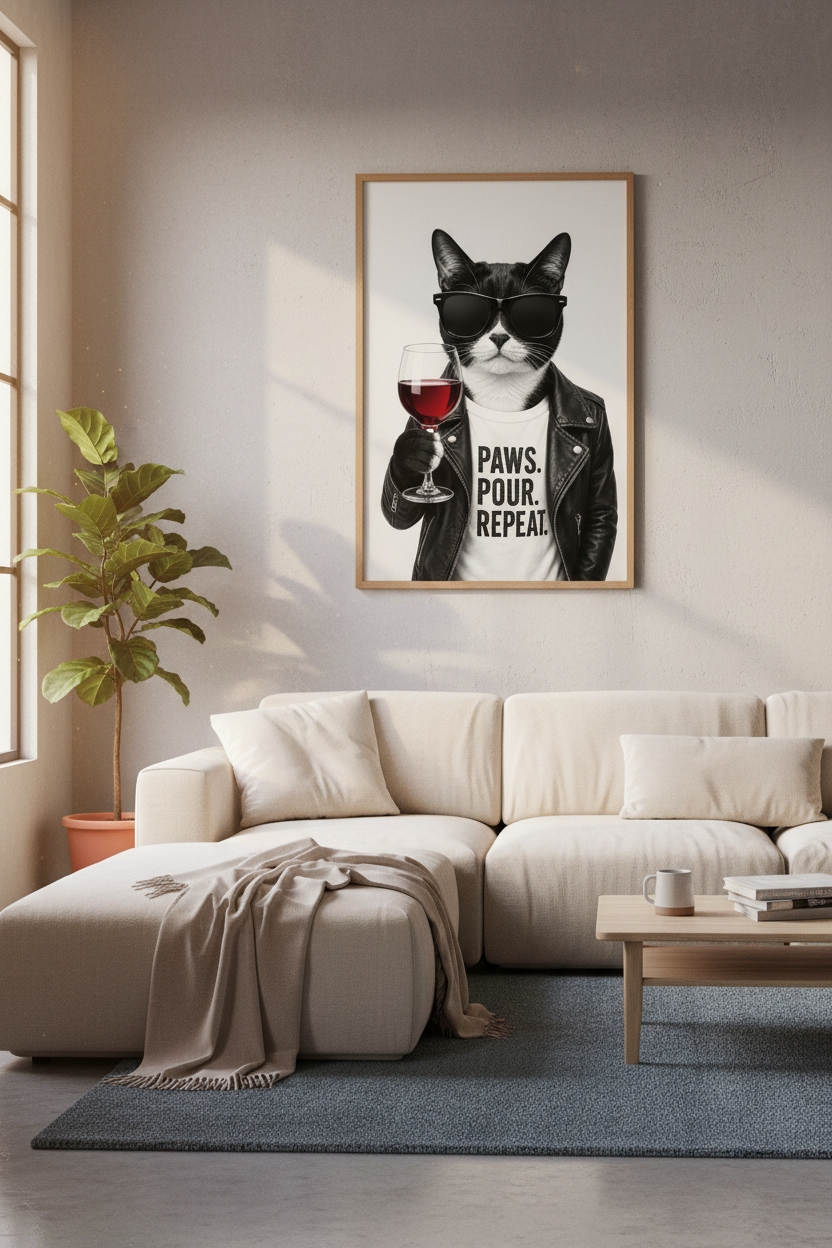 Cool Tuxedo Cat Wine Wall Art | Funny Bar Decor | Black and White Poster