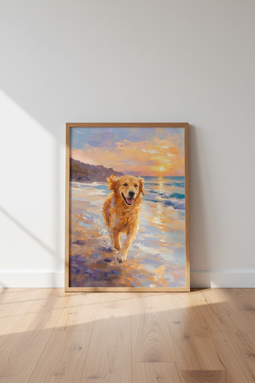 Golden Retriever Beach Art | Sunlit Impressionist Oil Painting, Coastal Dog Decor