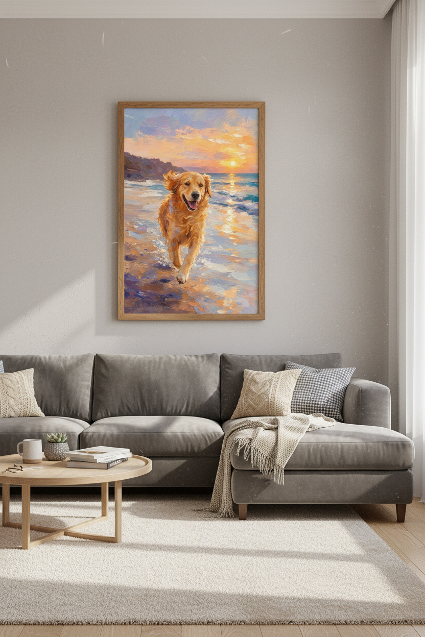 Golden Retriever Beach Art | Sunlit Impressionist Oil Painting, Coastal Dog Decor
