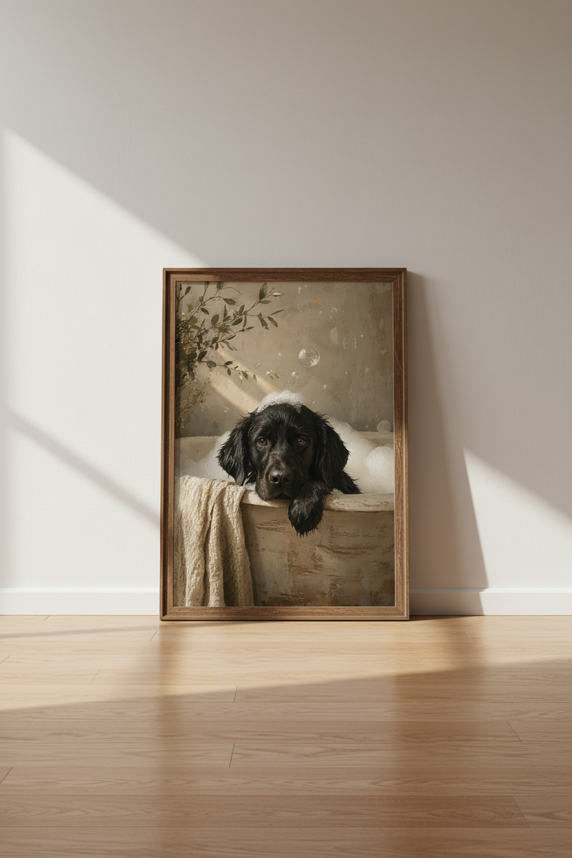 Black Dog in Bathtub Wall Art | Neutral Bathroom Decor | Whimsical Oil Painting Poster
