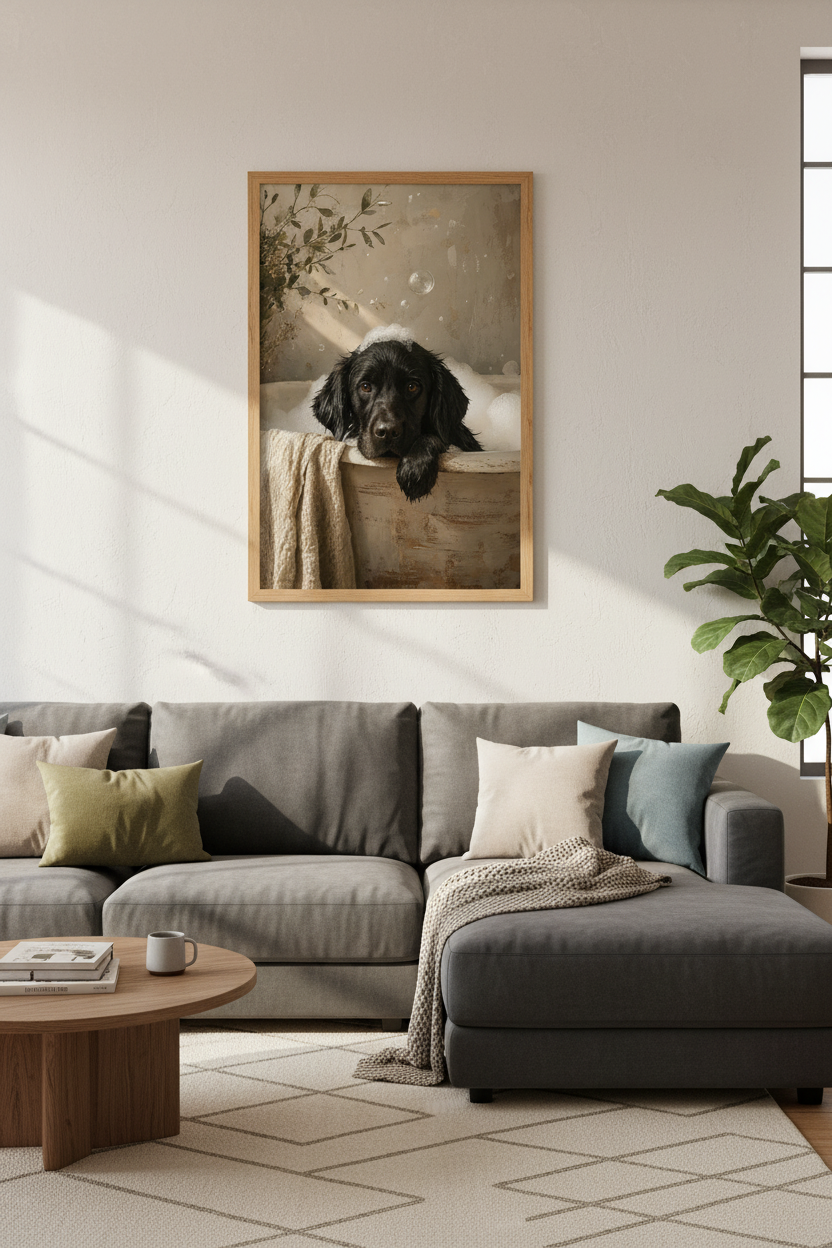 Black Dog in Bathtub Wall Art | Neutral Bathroom Decor | Whimsical Oil Painting Poster