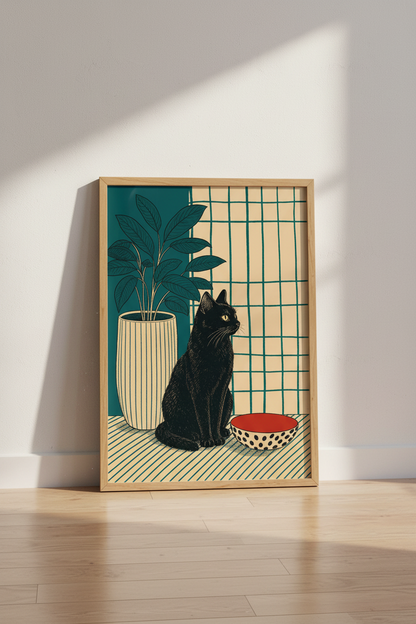 Black Cat &amp; Houseplant Wall Art | Teal &amp; Cream Mid Century Decor | Boho Cat Poster Print