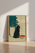 Black Cat & Houseplant Wall Art | Teal & Cream Mid Century Decor | Boho Cat Poster Print