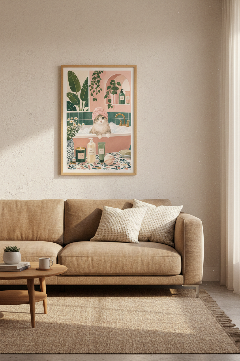 Cat in Bathtub Art | Pink Spa Bathroom Decor, Whimsical Feline Poster