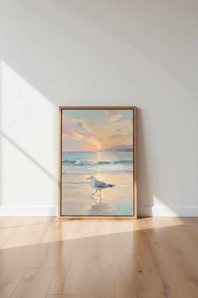 Seagull Beach Sunset Wall Art | Coastal Oil Painting, Pastel Decor Poster