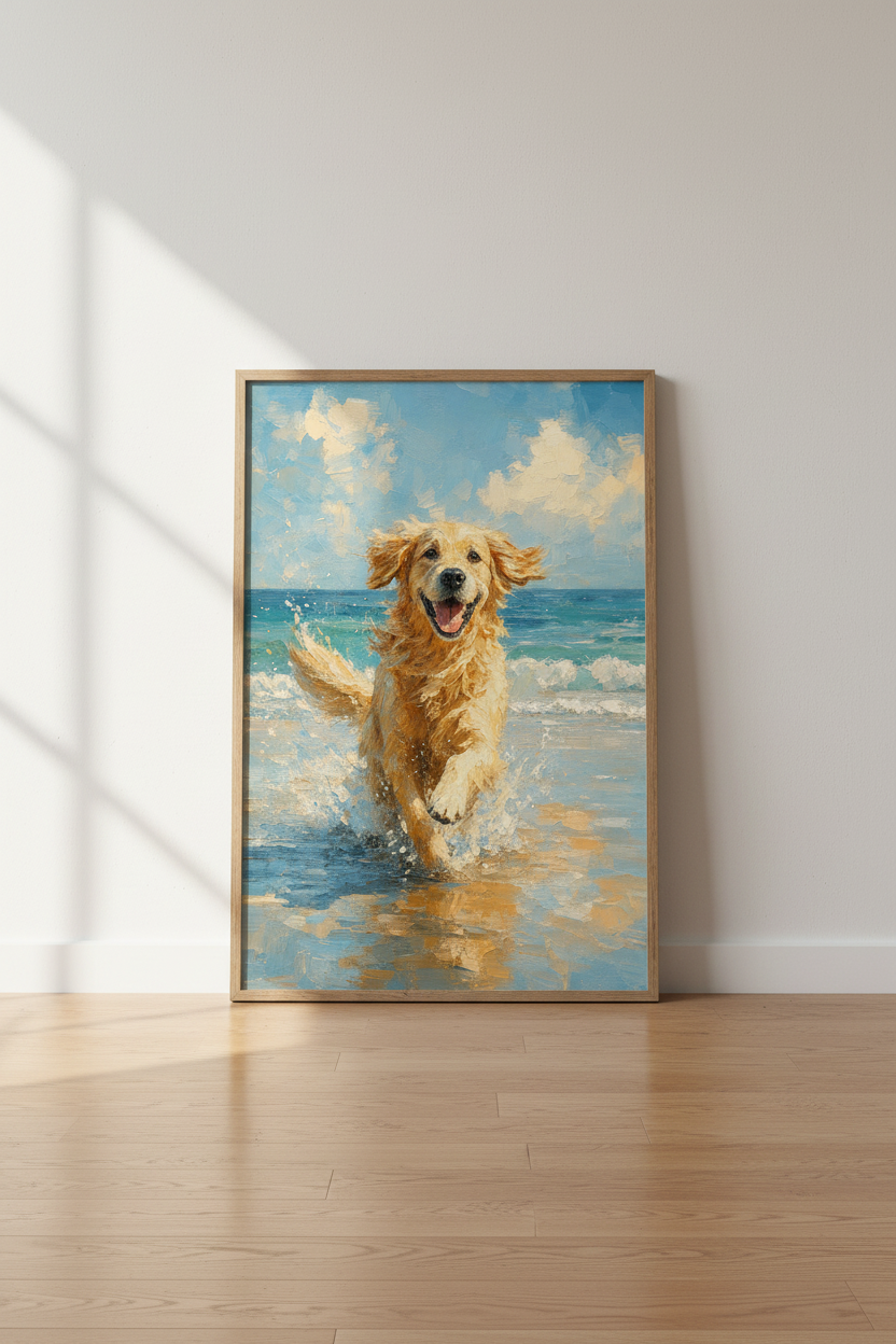 Golden Retriever Beach Art | Impasto Oil Style Poster, Coastal Dog Decor