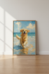 Golden Retriever Beach Art | Impasto Oil Style Poster, Coastal Dog Decor