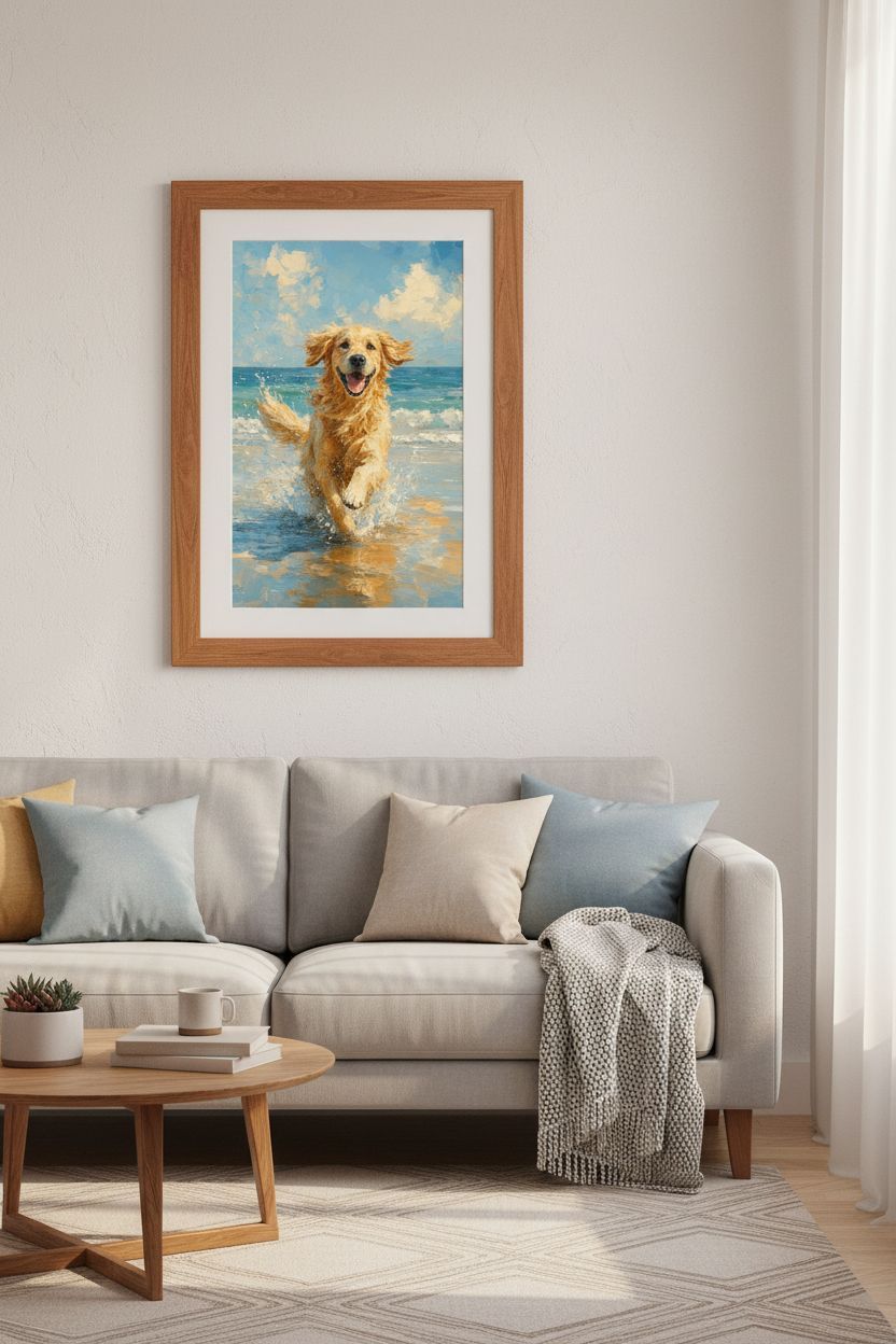 Golden Retriever Beach Art | Impasto Oil Style Poster, Coastal Dog Decor