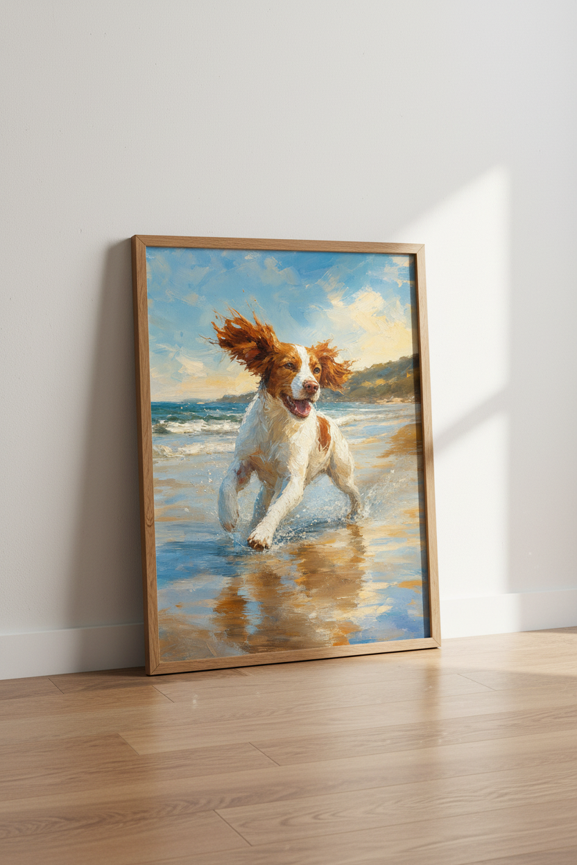 Brittany Spaniel Dog Beach Art Print | Coastal Home Decor | Impressionist Poster