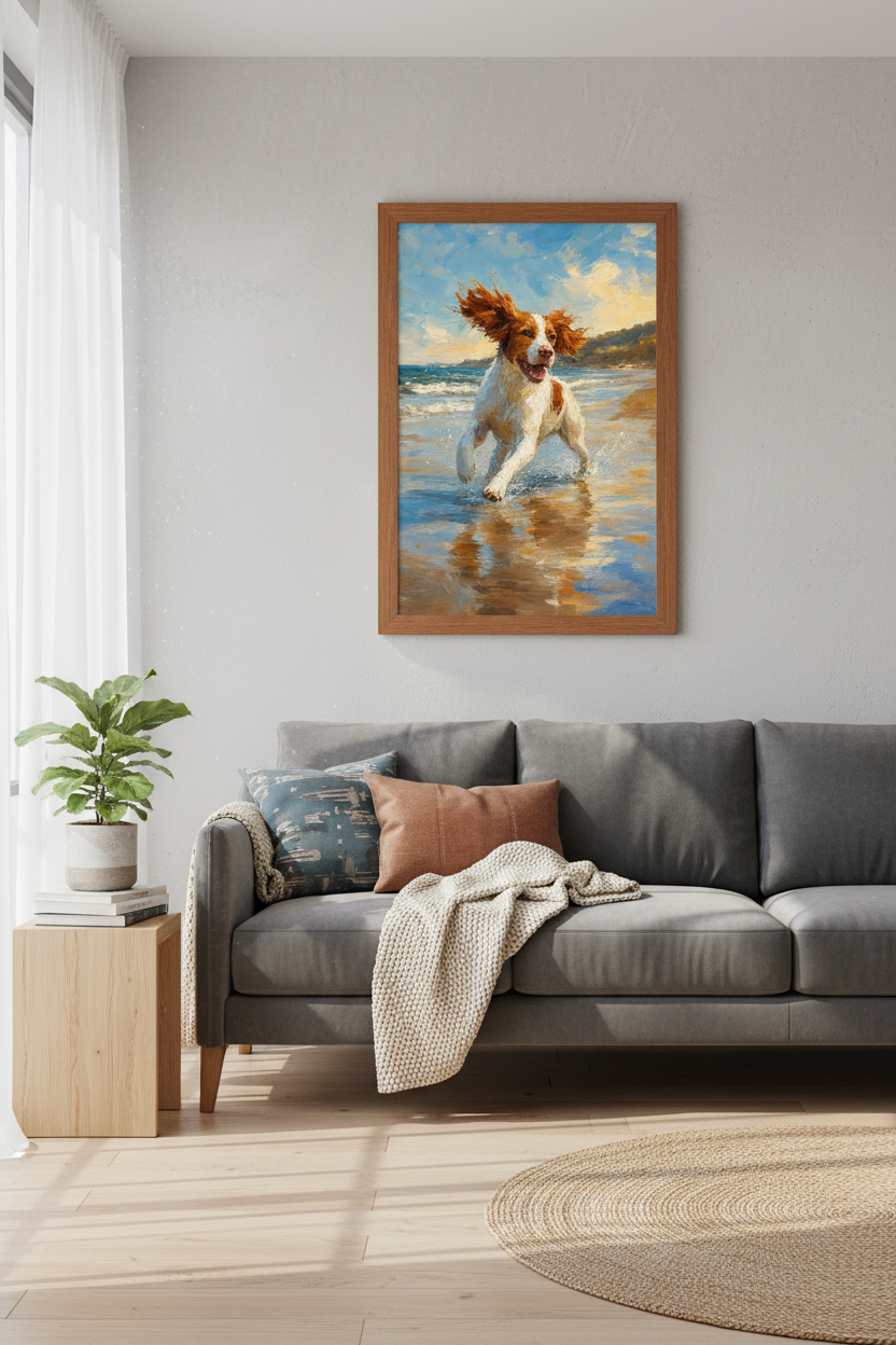 Brittany Spaniel Dog Beach Art Print | Coastal Home Decor | Impressionist Poster