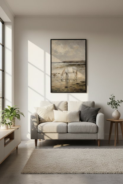 Vintage White Horse Beach Print | Coastal Farmhouse Wall Art | Muted Neutral Poster