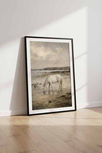 Vintage White Horse Beach Print | Coastal Farmhouse Wall Art | Muted Neutral Poster