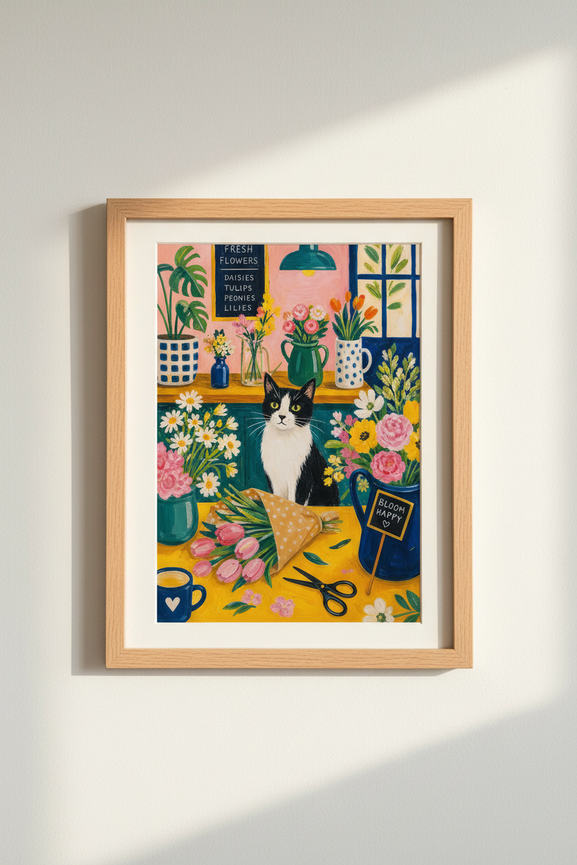 Colorful Cat Art Print | Flower Shop Painting, Tuxedo Cat Decor for Kitchen &amp; Nursery