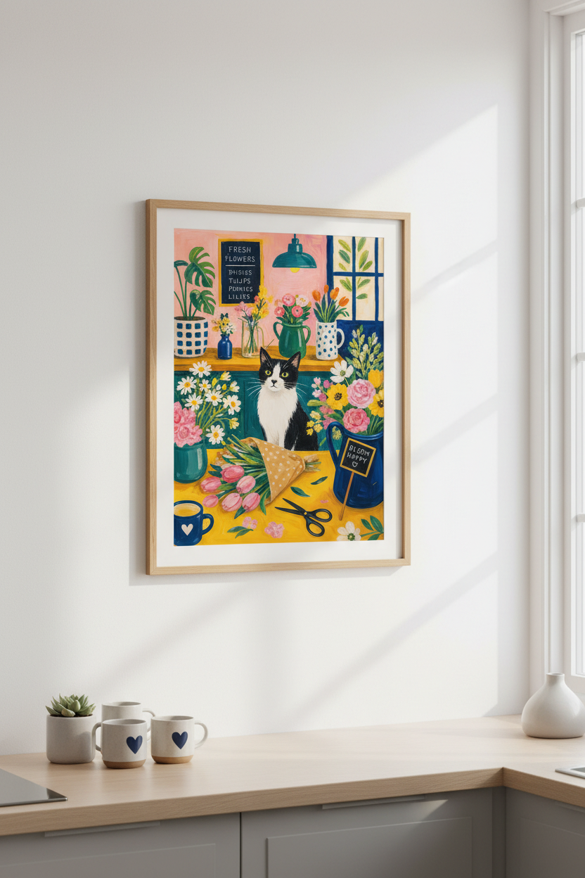 Colorful Cat Art Print | Flower Shop Painting, Tuxedo Cat Decor for Kitchen &amp; Nursery