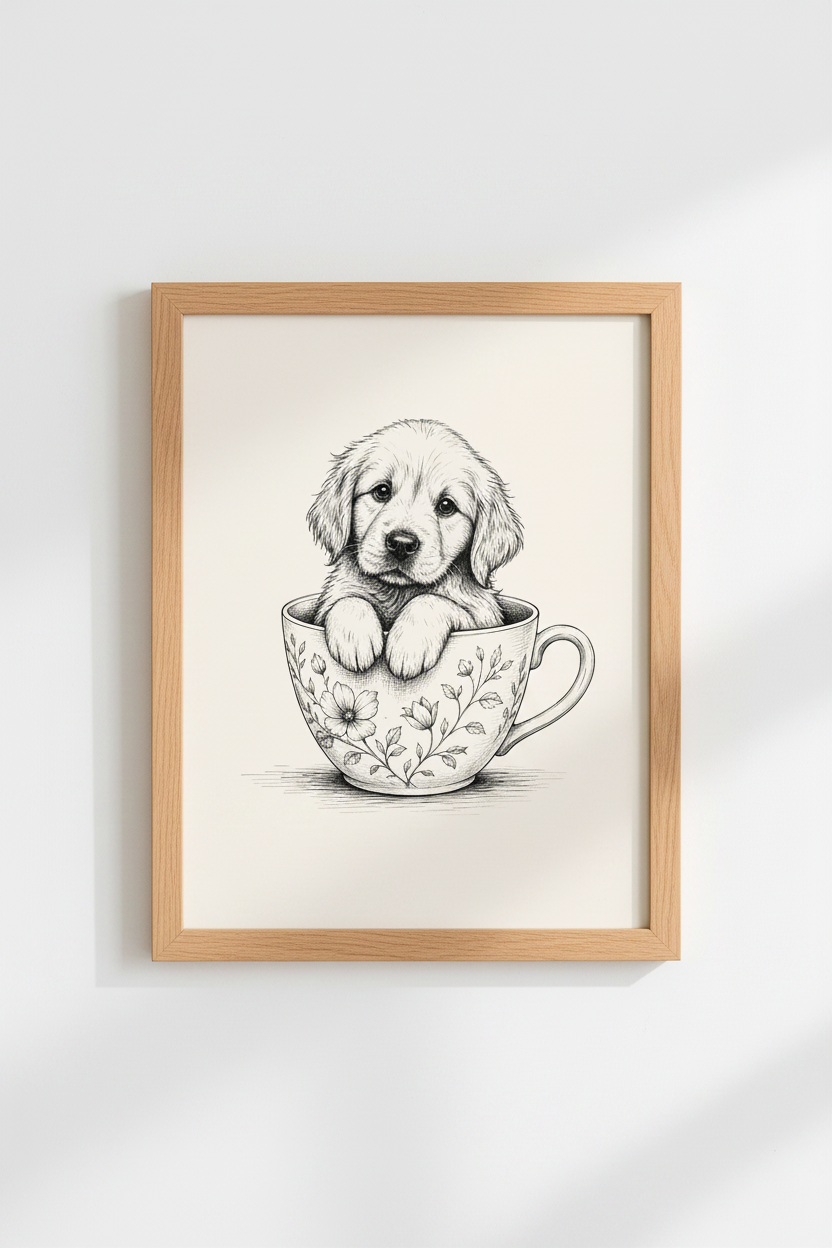 Puppy in Teacup Wall Art Print | Vintage Dog Sketch, Nursery Decor Poster
