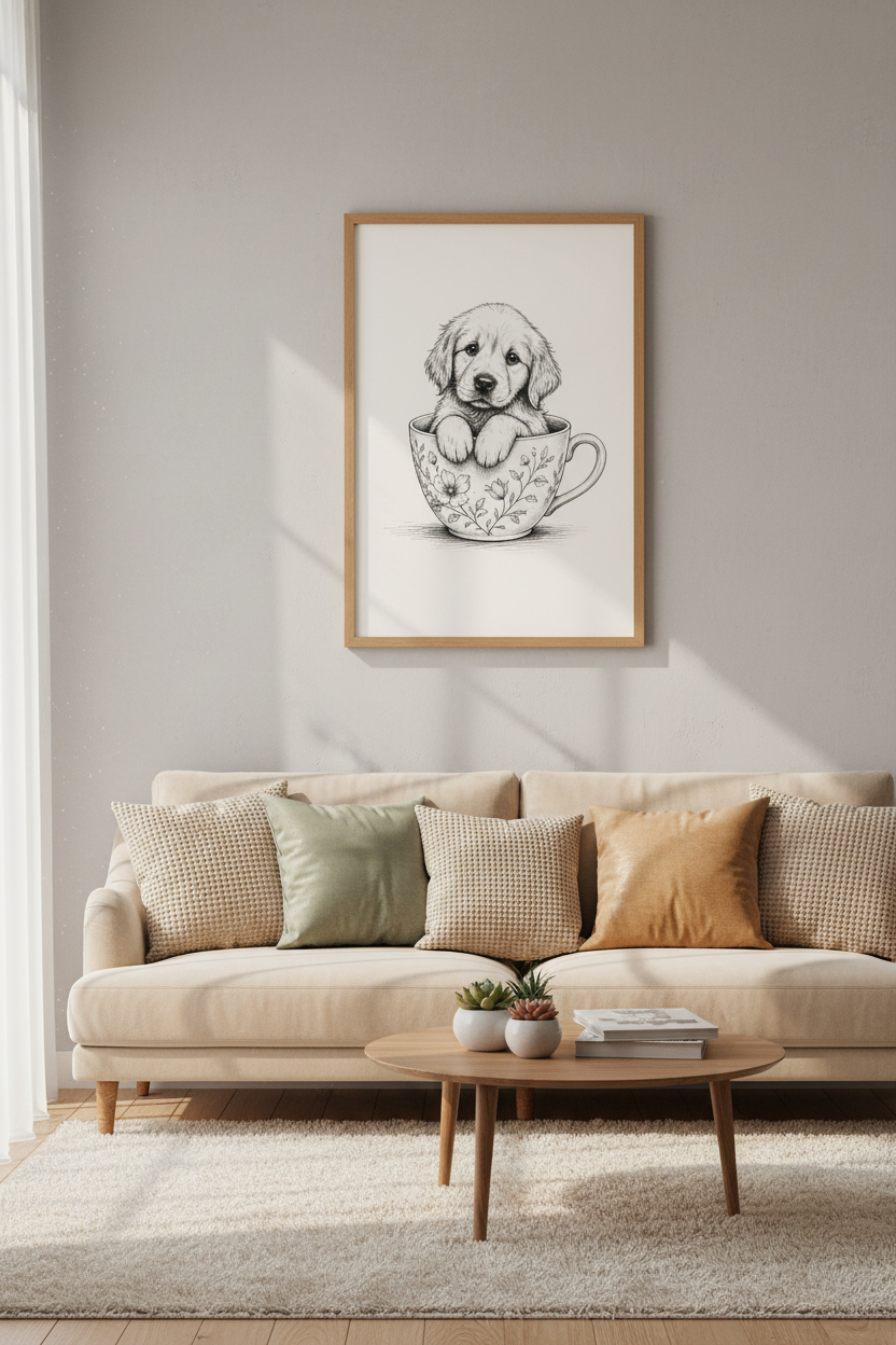 Puppy in Teacup Wall Art Print | Vintage Dog Sketch, Nursery Decor Poster