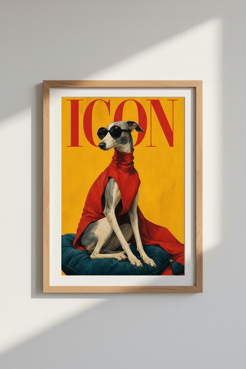 Pop Art Dog Print | Bold Yellow, Red Cape | Living Room Decor