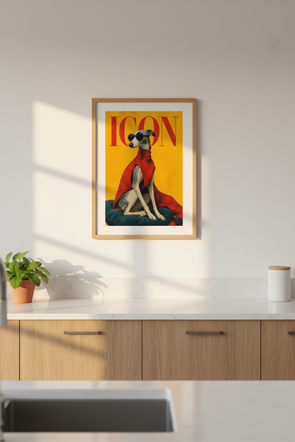 Pop Art Dog Print | Bold Yellow, Red Cape | Living Room Decor