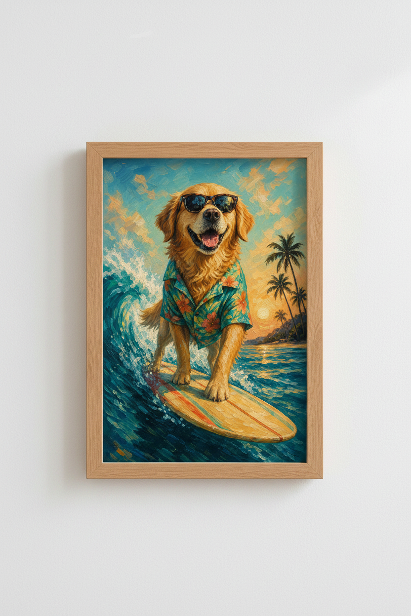 Surfer Dog Wall Art Print | Coastal Beach Decor | Golden Retriever Poster