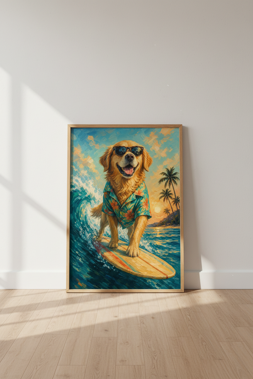 Surfer Dog Wall Art Print | Coastal Beach Decor | Golden Retriever Poster