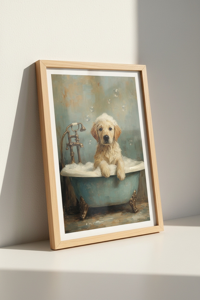 Golden Retriever Puppy in Bathtub Art | Bathroom Decor | Oil Style Poster