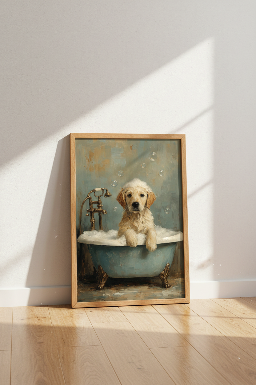 Golden Retriever Puppy in Bathtub Art | Bathroom Decor | Oil Style Poster