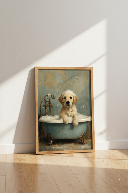 Golden Retriever Puppy in Bathtub Art | Bathroom Decor | Oil Style Poster