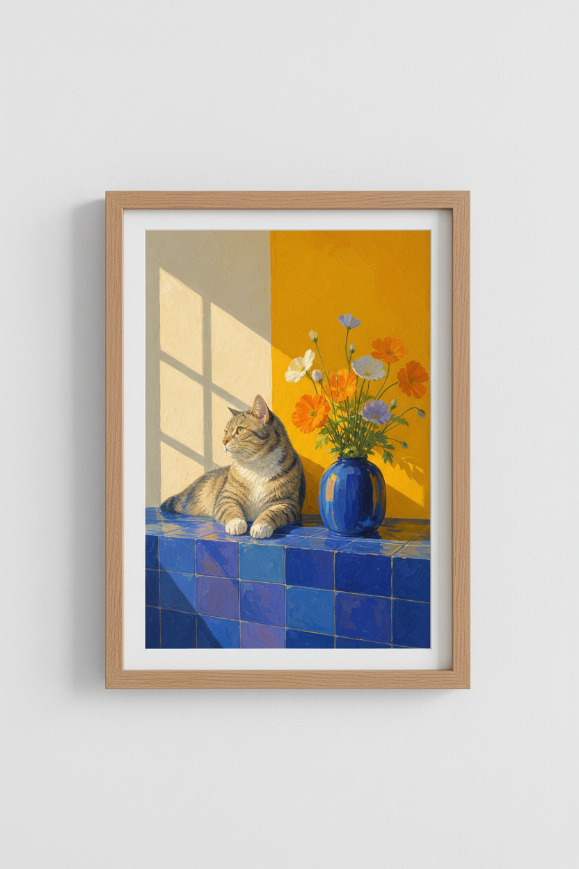 Impasto Cat Wall Art Print | Colorful Mustard &amp; Blue Decor | Impressionist Cat Poster