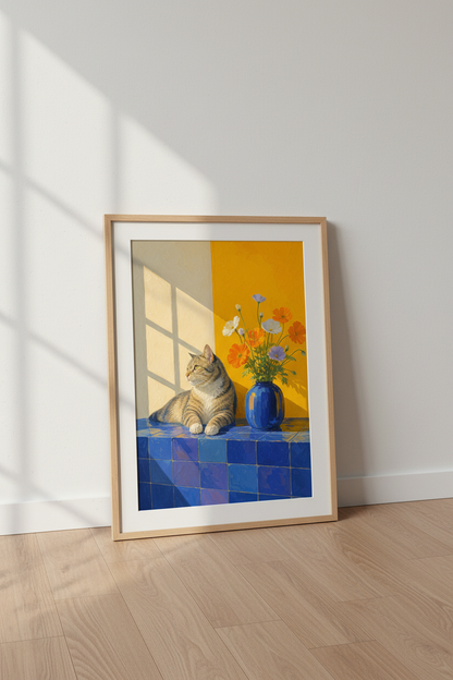 Impasto Cat Wall Art Print | Colorful Mustard &amp; Blue Decor | Impressionist Cat Poster