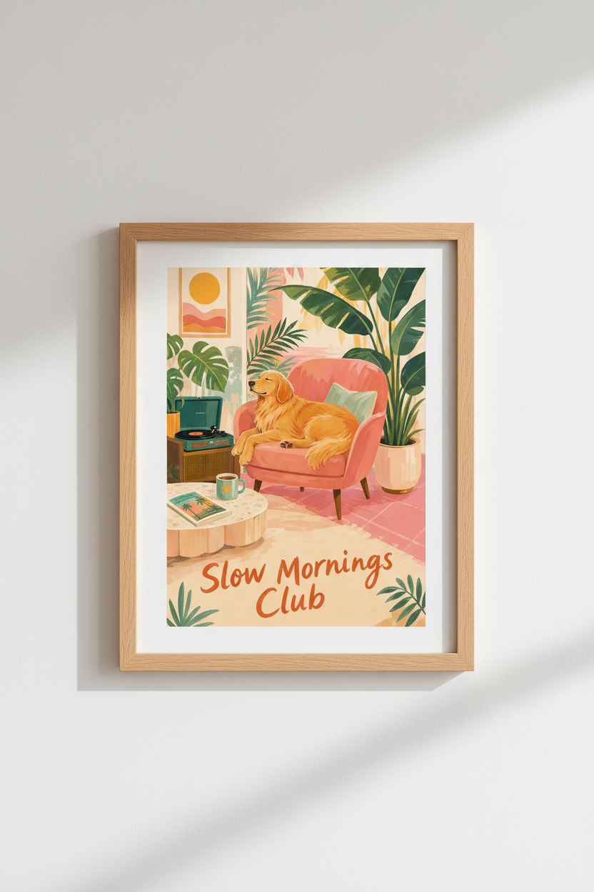 Golden Retriever Wall Art Print | Retro Tropical Decor | Slow Mornings Club Poster