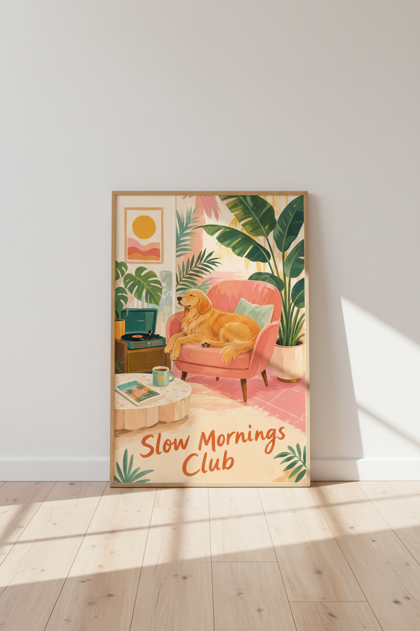 Golden Retriever Wall Art Print | Retro Tropical Decor | Slow Mornings Club Poster