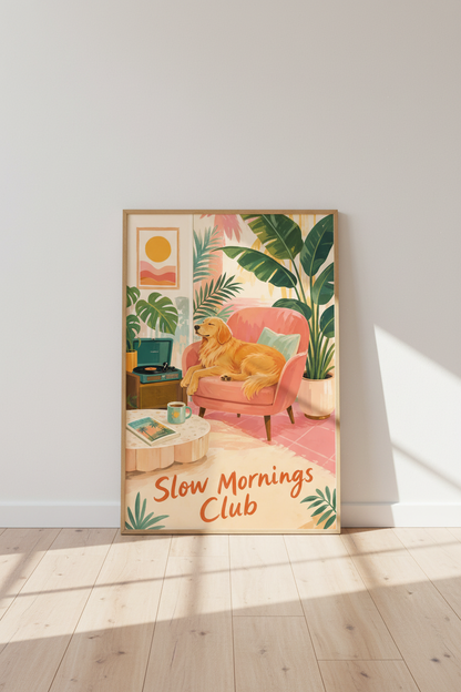 Golden Retriever Wall Art Print | Retro Tropical Decor | Slow Mornings Club Poster