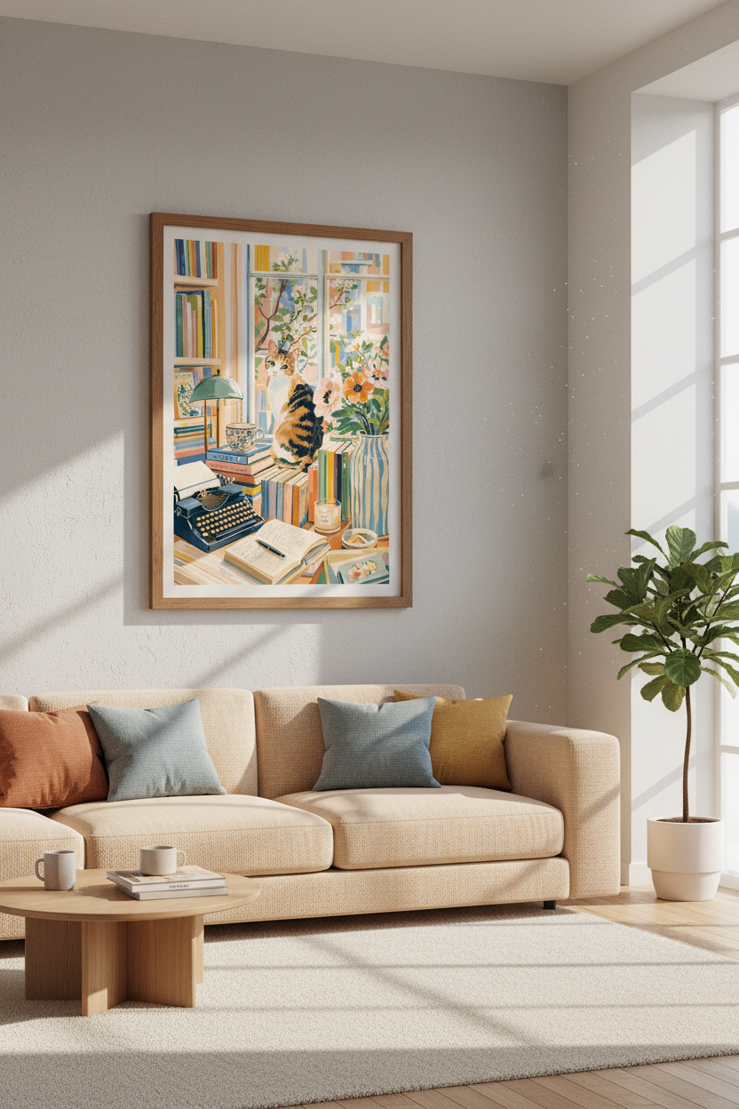 Calico Cat Library Wall Art | Book Lover Home Decor | Colorful Retro Poster