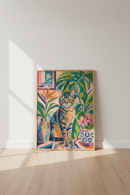 Colorful Cat Art Print | Vibrant Fauvist Cat Poster, Tropical Botanical Decor