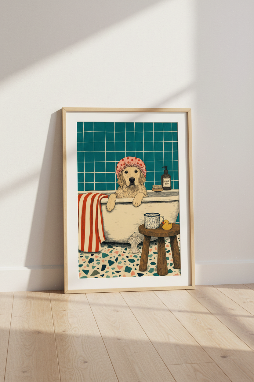 Golden Retriever in Bathtub Wall Art | Teal Bathroom Decor | Quirky Dog Poster