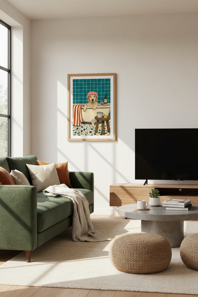 Golden Retriever in Bathtub Wall Art | Teal Bathroom Decor | Quirky Dog Poster