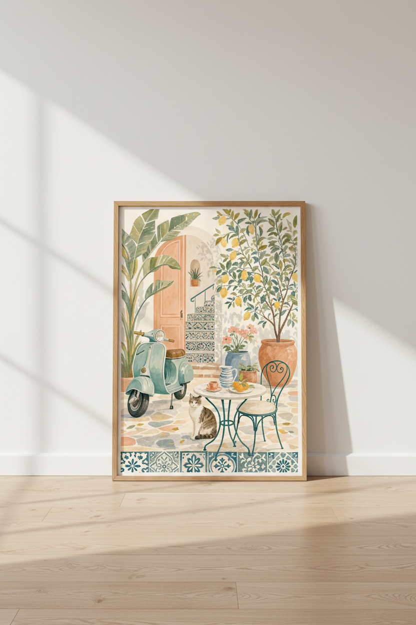 Mediterranean Courtyard Wall Art | Italian Summer Decor | Teal Scooter Poster
