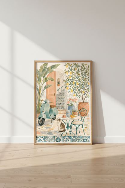 Mediterranean Courtyard Wall Art | Italian Summer Decor | Teal Scooter Poster