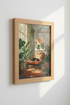 Cat in Sunroom Wall Art Print | Boho Plant Decor | Mid Century Poster