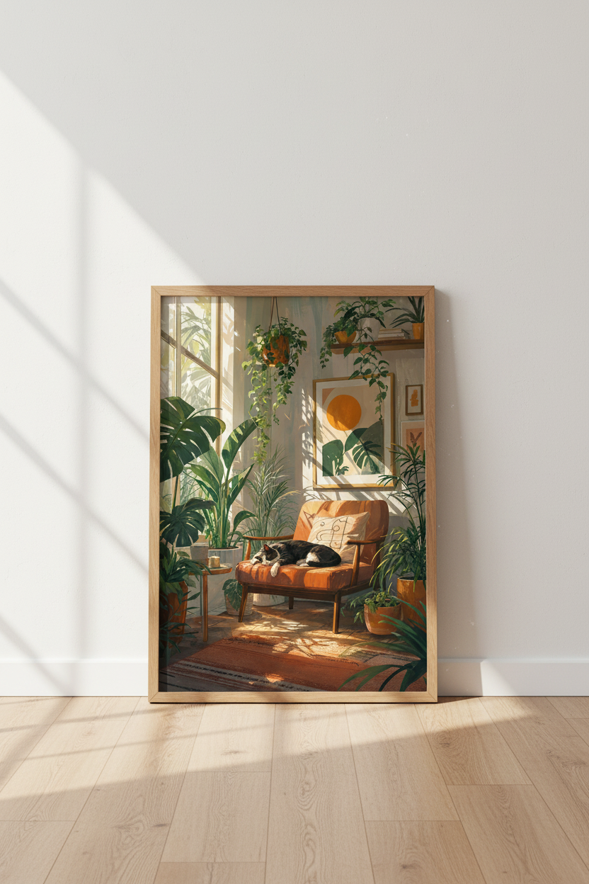 Cat in Sunroom Wall Art Print | Boho Plant Decor | Mid Century Poster