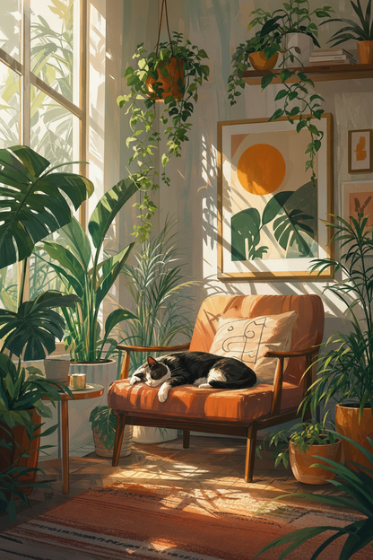 Cat in Sunroom Wall Art Print | Boho Plant Decor | Mid Century Poster