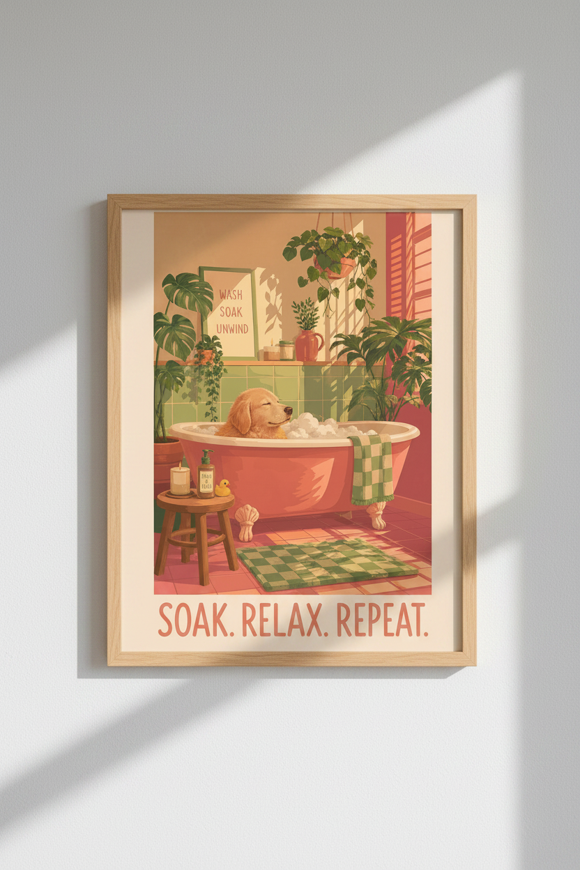 Dog Bathroom Wall Art | Golden Retriever Poster, Whimsical Boho Spa Decor