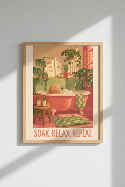Dog Bathroom Wall Art | Golden Retriever Poster, Whimsical Boho Spa Decor