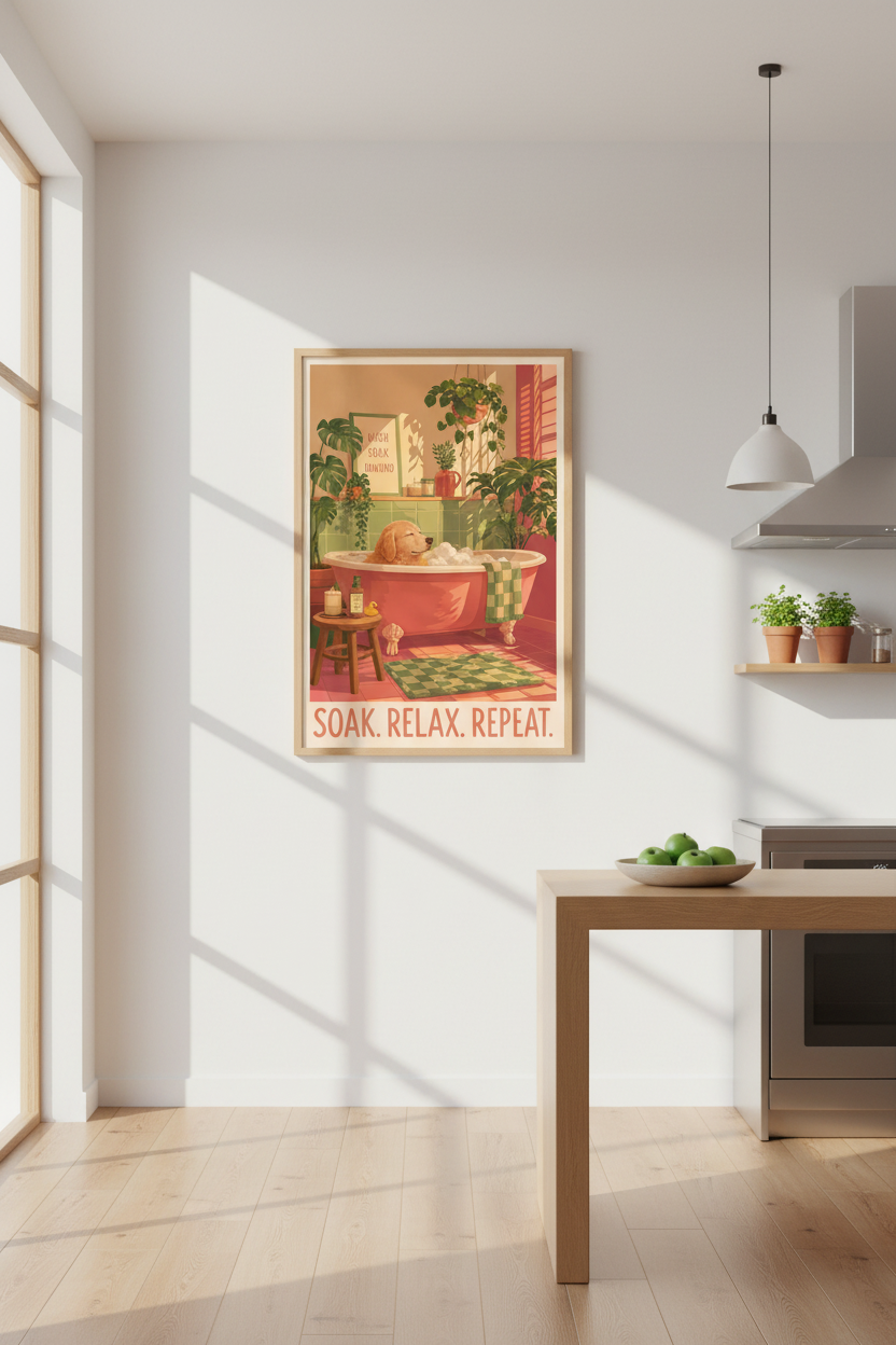 Dog Bathroom Wall Art | Golden Retriever Poster, Whimsical Boho Spa Decor
